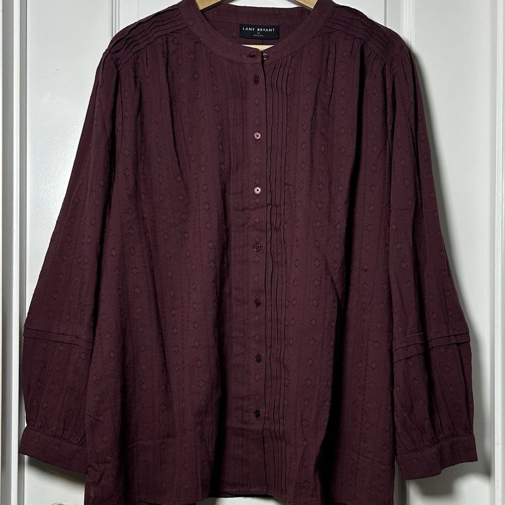 Lane Bryant Burgundy Dobby Jacquard Pintuck Band Collar Bishop Sleeve Blouse